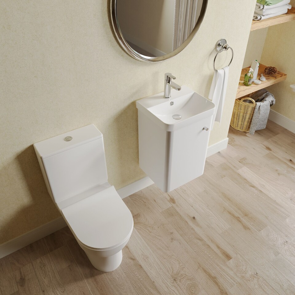 image 1 of Balterley Contemporary Wall Hung 1 Door Bathroom Vanity Unit, Basin, Tap & Toilet Pack | White | Satin White | 540 x 379 x 342mm