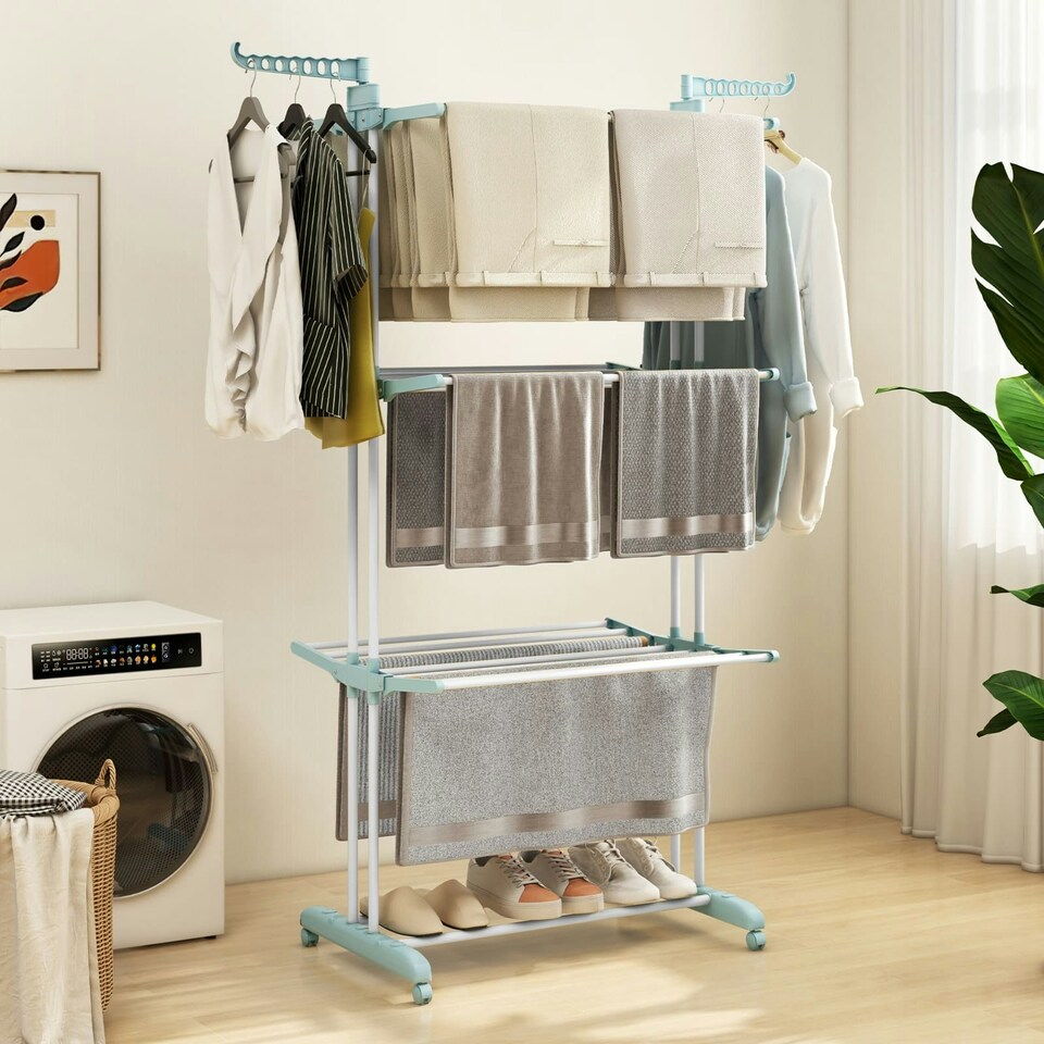 image 1 of COSTWAY 4-Tier Collapsible Laundry Rack Foldable Drying Rack Navy