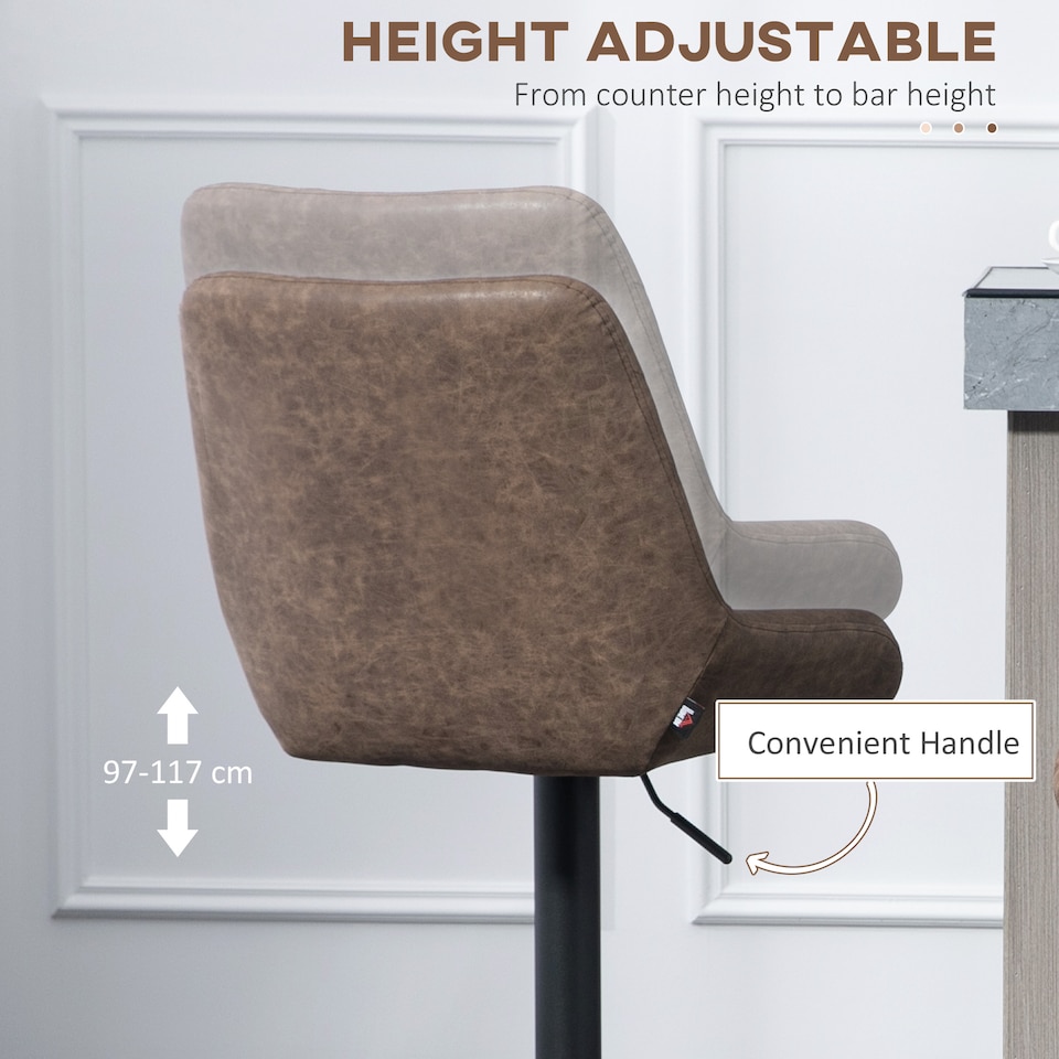 image 1 of HOMCOM Breakfast Bar Stools Set of 2 with 51x40cm Wide Seat, Height Adjustable Kitchen Counter Chairs, Retro Swivel Upholstered Barstools with Back, Footrest and Steel Base, Coffee