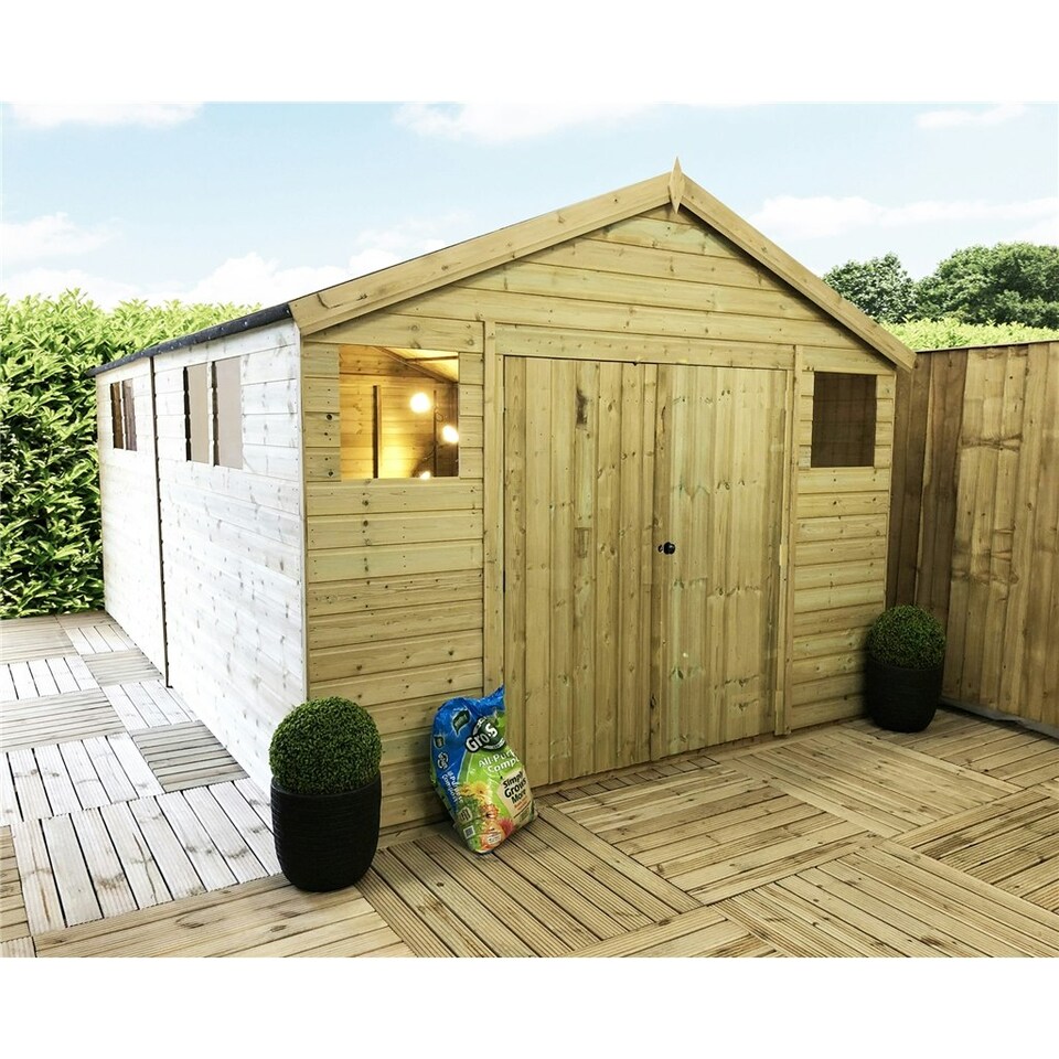 image 1 of 28 x 11 Pressure Treated T&G Apex Wooden Workshop / Garden Shed + 10 Windows + Double Doors (28' x 11' / 28ft x 11ft) (28x11)