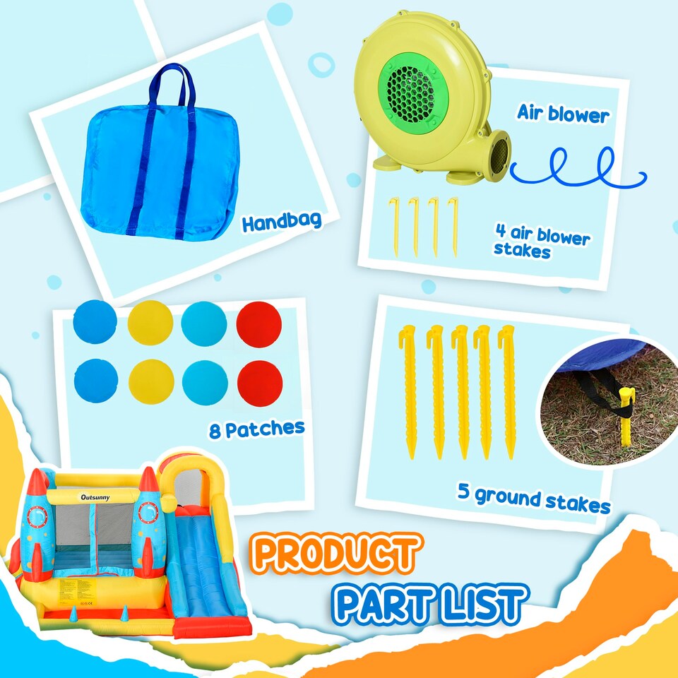 image 1 of Outsunny Bouncy Castle with Slide Pool Rocket Trampoline w/ Carrybag Blower