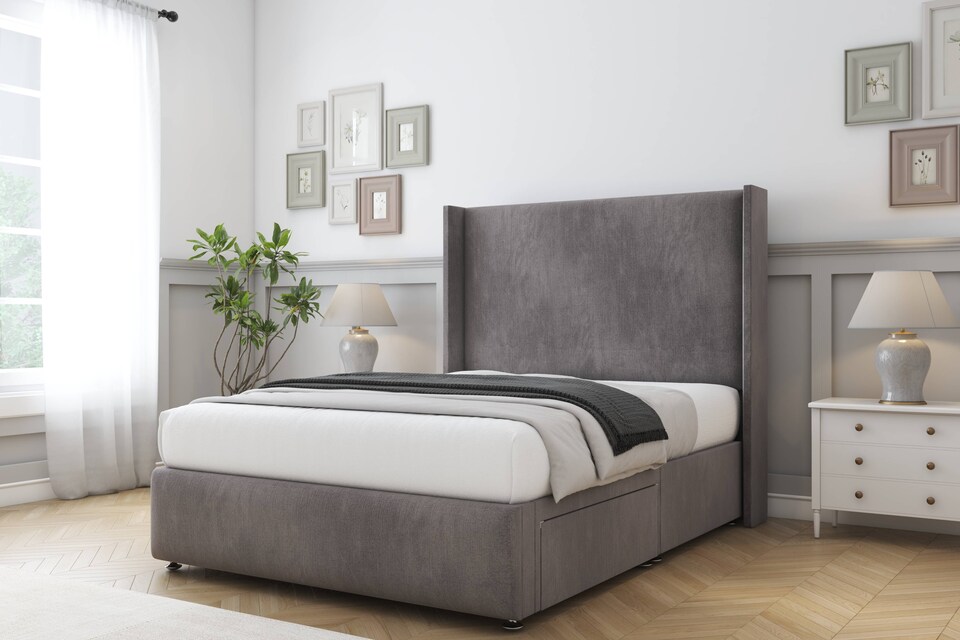 image 1 of Sloomy Stratford Slate Naples Divan Bed With Mattress 2 Drawers Footend With 54" Wingback Headboard & 12" Matching Footboard 4'6 Double | Grey | Slate | Double | 1