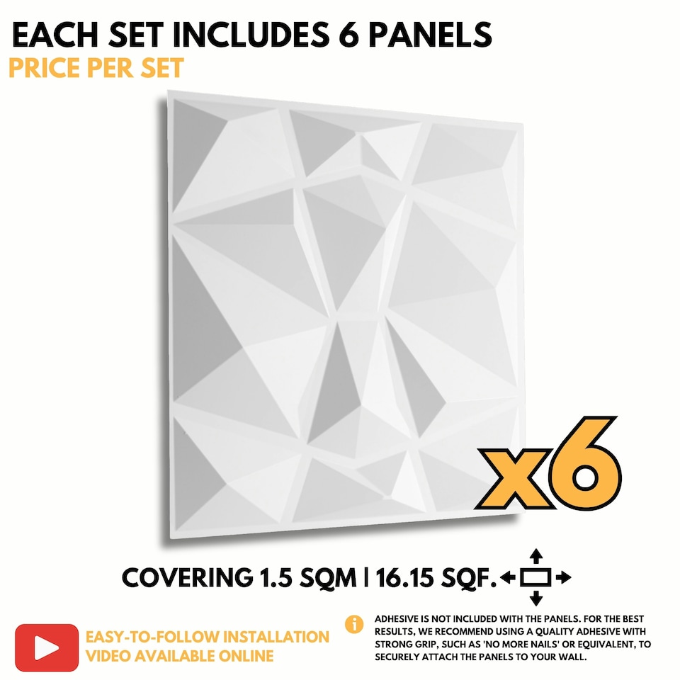 image 1 of NOVECRAFTO Geometric Diamond 3D Wall Panels – 6 Sheets Covering 1.5 sqm (16.15 sqft) – Matte PVC Cladding Panels 50x50cm Diamond Design | Black