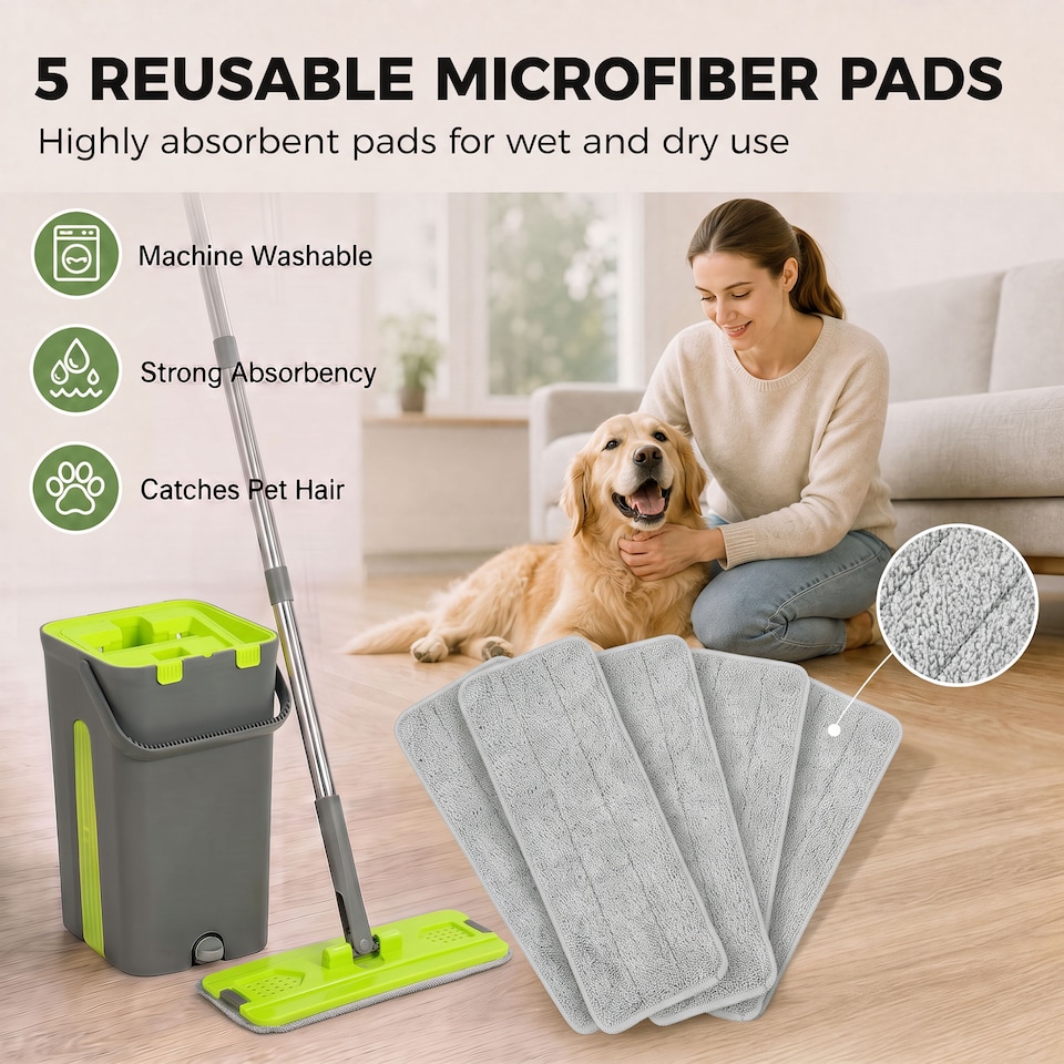 image 1 of HOMCOM Mop and Bucket Set, Compact Flat Mop System, Dark Grey and Green