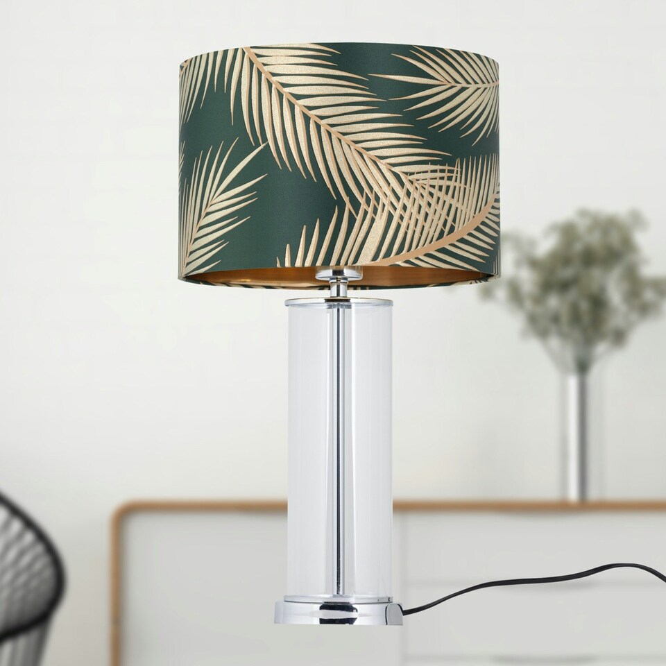 image 1 of Aura - Chrome Table Lamp with Green & Gold Leaf Shade Chrome | Green