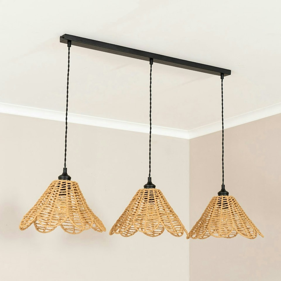 image 1 of ValueLights Vine Natural Rattan Flower Shade 3 Drop Matte Black Diner Ceiling Pendant Light Black