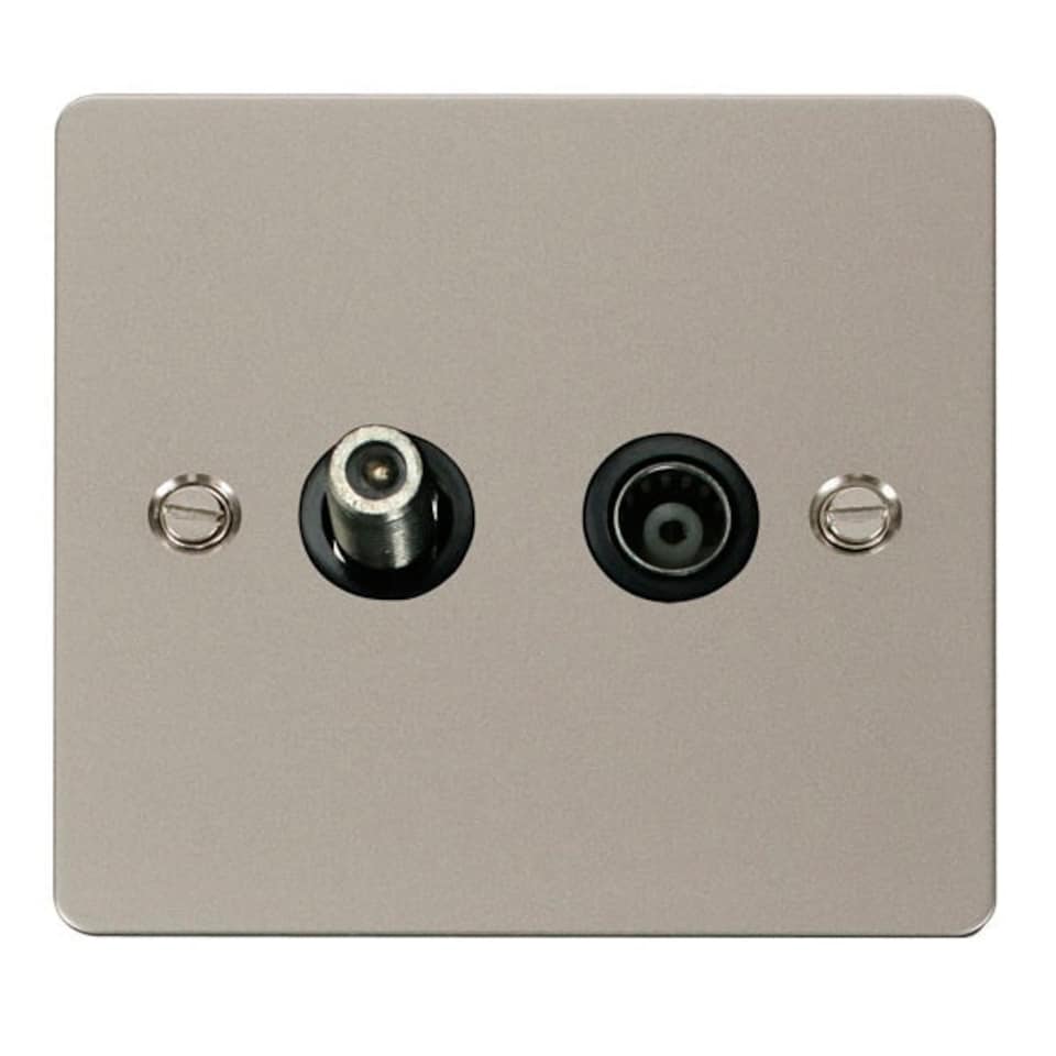 SE HOME Flat Plate Pearl Nickel Satellite And Isolated Coaxial 1 Gang Socket - Black Trim - SE Home Black | Pearl Nickel