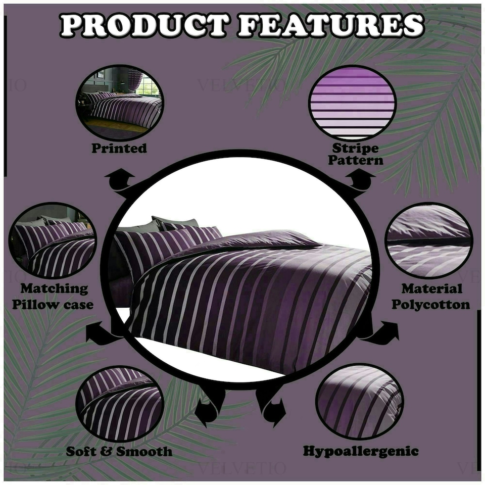 image 1 of VELVETIO Oscar Stripe Duvet Cover Set Reversible Polycotton Easy Care Beddings Purple | Double