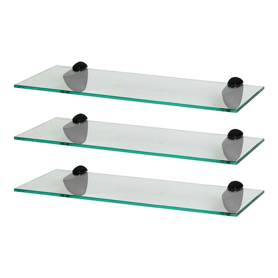 image 1 of Harbour Housewares 50cm Glass Bathroom Shelves - 3pk - Clear Glass + Black Wall Mount Black