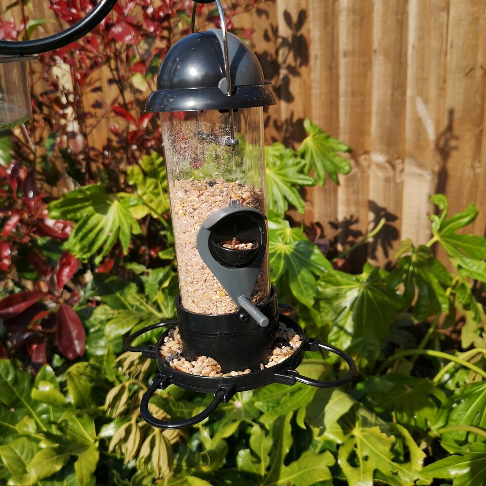 image 1 of Tom Chambers Roll Top 2 Port Garden Wild Bird Hanging Grey and Black Plastic Seed Feeder