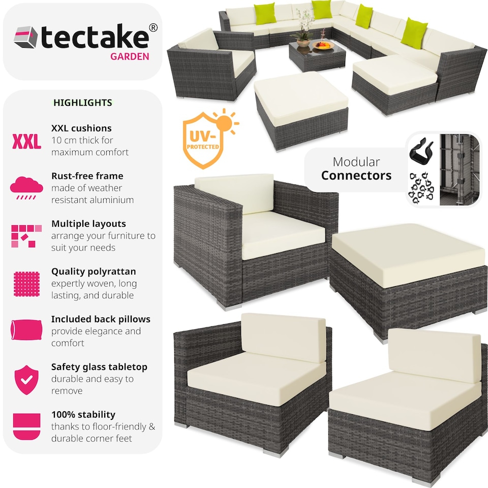 image 1 of Garden Furniture Set Las Vegas - large outdoor corner sofa, armchair, coffee table | Grey | grey | 75 x 75 x 38 cm | 1