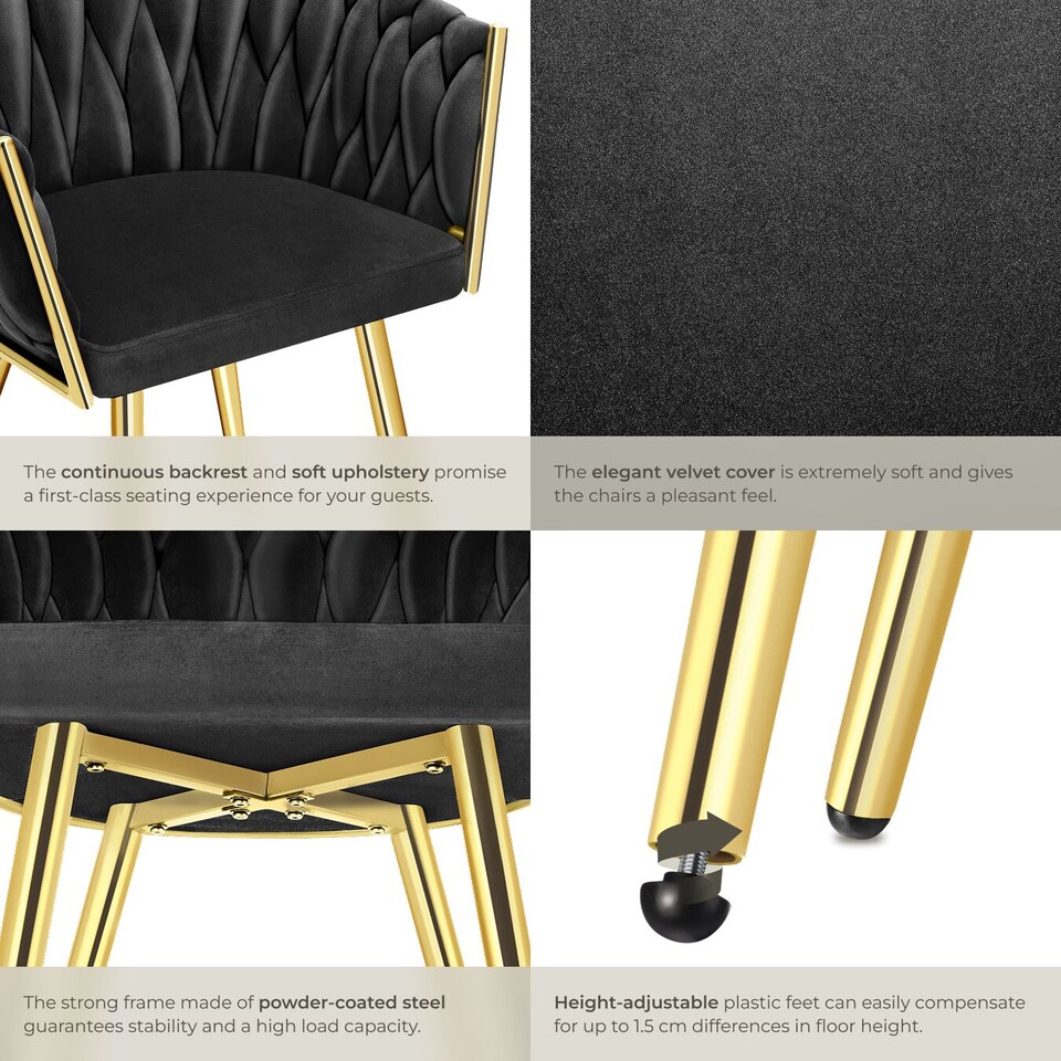 image 1 of Dining Chair Astano - padded, velvet, knot design, continuous backrest | Black | black/gold | 2
