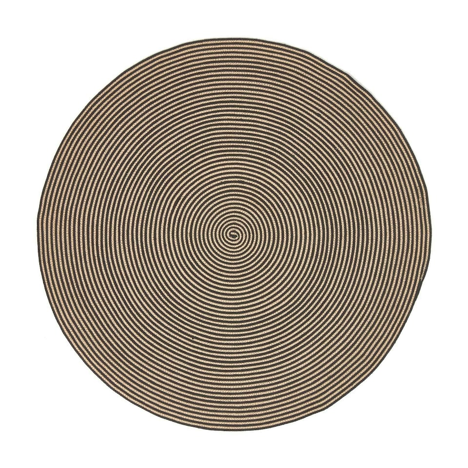 image 1 of Homescapes Linen and Black Handmade Woven Spiral Braided Rug - 120 cm Round