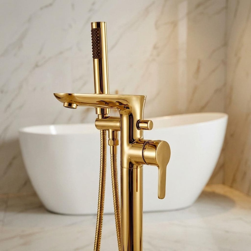 image 1 of Freestanding Gold Bath Tap Single Lever Bathtub Tall Faucet Shower Mixer