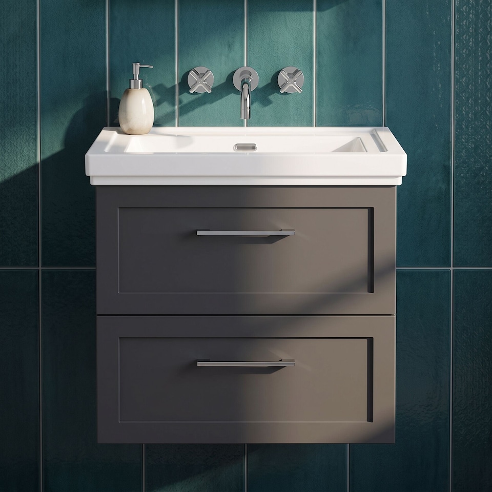 image 1 of Balterley Stonnall Traditional Wall Hung 2 Drawers Vanity Unit with Traditional 0 Tap Hole Fireclay Basin, 600mm, Dark Grey