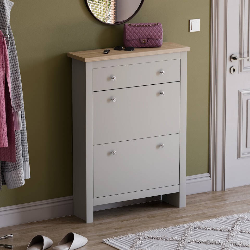 image 1 of Vida Designs Arlington 2 Door 1 Drawer Shoe Cabinet Shoe Rack Storage Cupboard, Grey & Oak