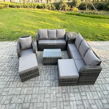 Fimous 9 Seater Rattan Lounge Sofa Set Outdoor Garden Furniture Set with Rectangular Coffee Table 3 Seater Sofa 2 Big Footstool Side Table Dark Grey Mixed