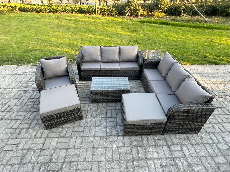 image 1 of Fimous 9 Seater Rattan Lounge Sofa Set Outdoor Garden Furniture Set with Rectangular Coffee Table 3 Seater Sofa 2 Big Footstool Side Table Dark Grey Mixed