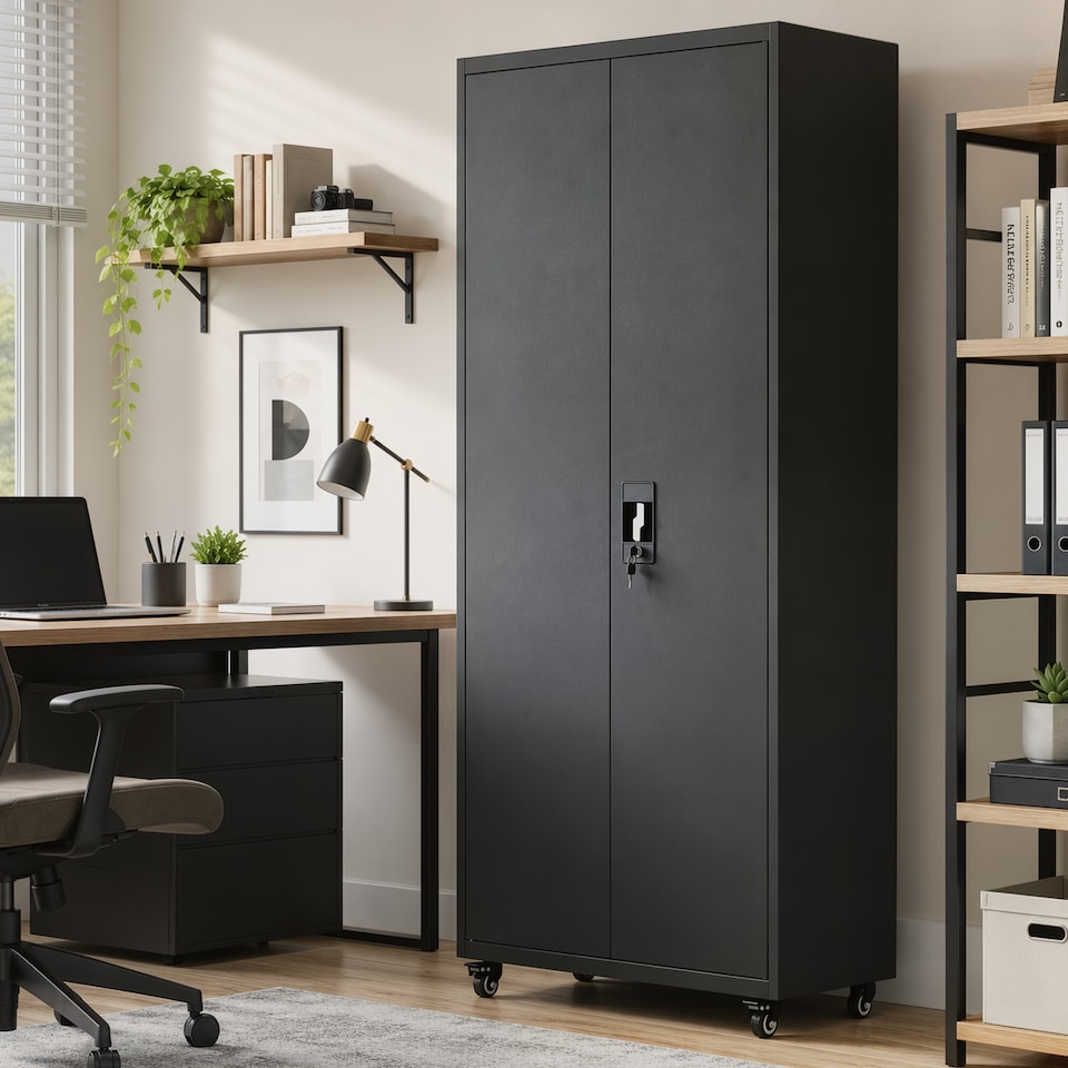 image 1 of HOMCOM Metal Storage Cabinet with Removable Wheels and Adjustable Shelves