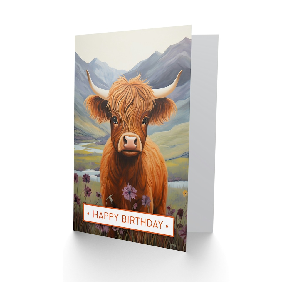 image 1 of Happy Birthday Cute Highland Cow in Scotland Heather Birthday Card