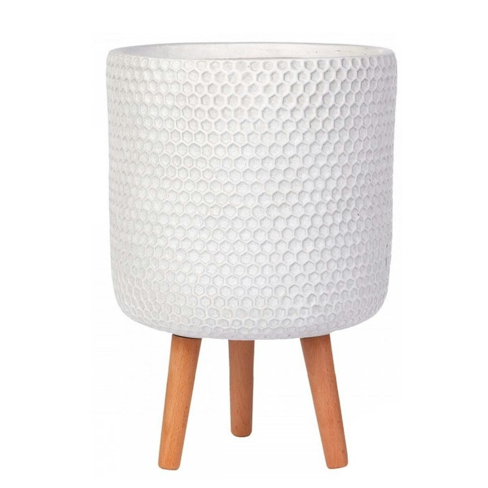 image 1 of Honeycomb Style White Cylinder Planter on Legs, Round Pot Plant Stand Indoor D31 H47 cm, 19.8 ltrs Cap.