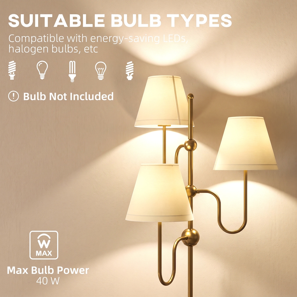 image 1 of HOMCOM 3-Light Floor Lamp, 165 cm Tall Standing Lamp with Foot Switch