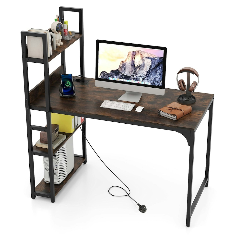 image 1 of COSTWAY Computer Desk Writing Desk with Power Strip Brown Brown