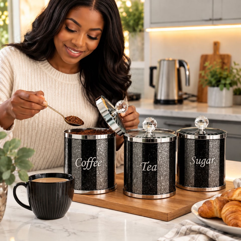 image 1 of Luxury Crystal Tea, Coffee And Sugar Canister Set - Black | Black