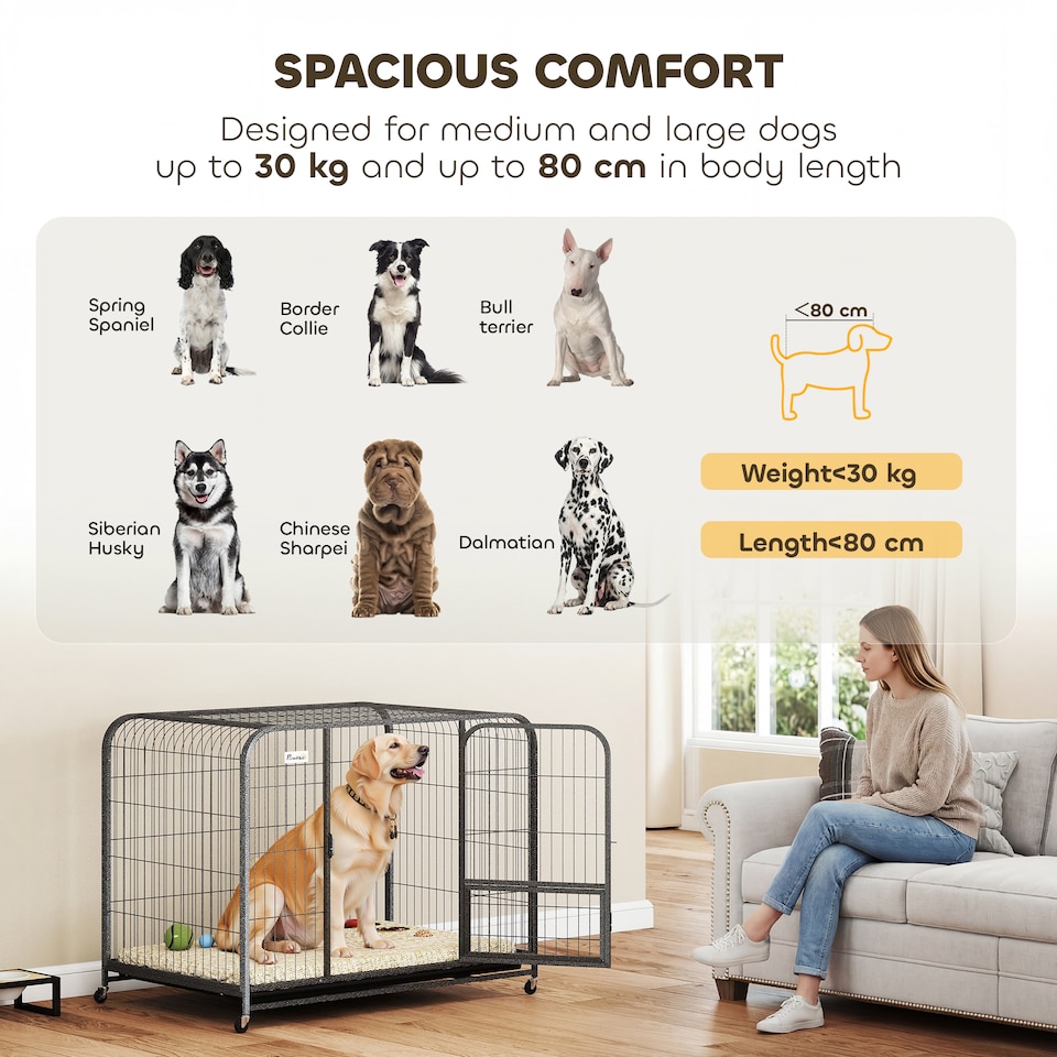 image 1 of PawHut Heavy Duty Dog Crate, Large Dog Cage with Wheels and Tray