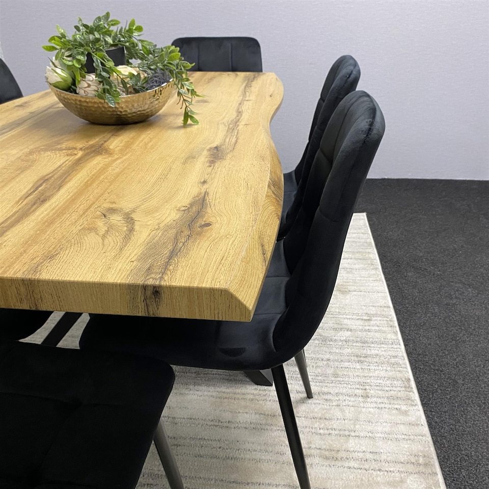 image 1 of Wooden Dining Table with 6 Black Velvet Chairs, Stylish Dining Room Furniture