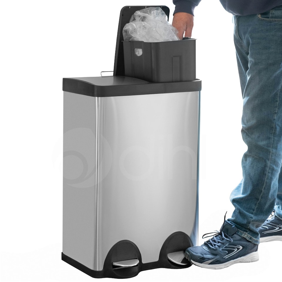 image 1 of Dihl 60L Black Pedal Bin with dual 30L Removable Buckets and Soft-Close Lids Black