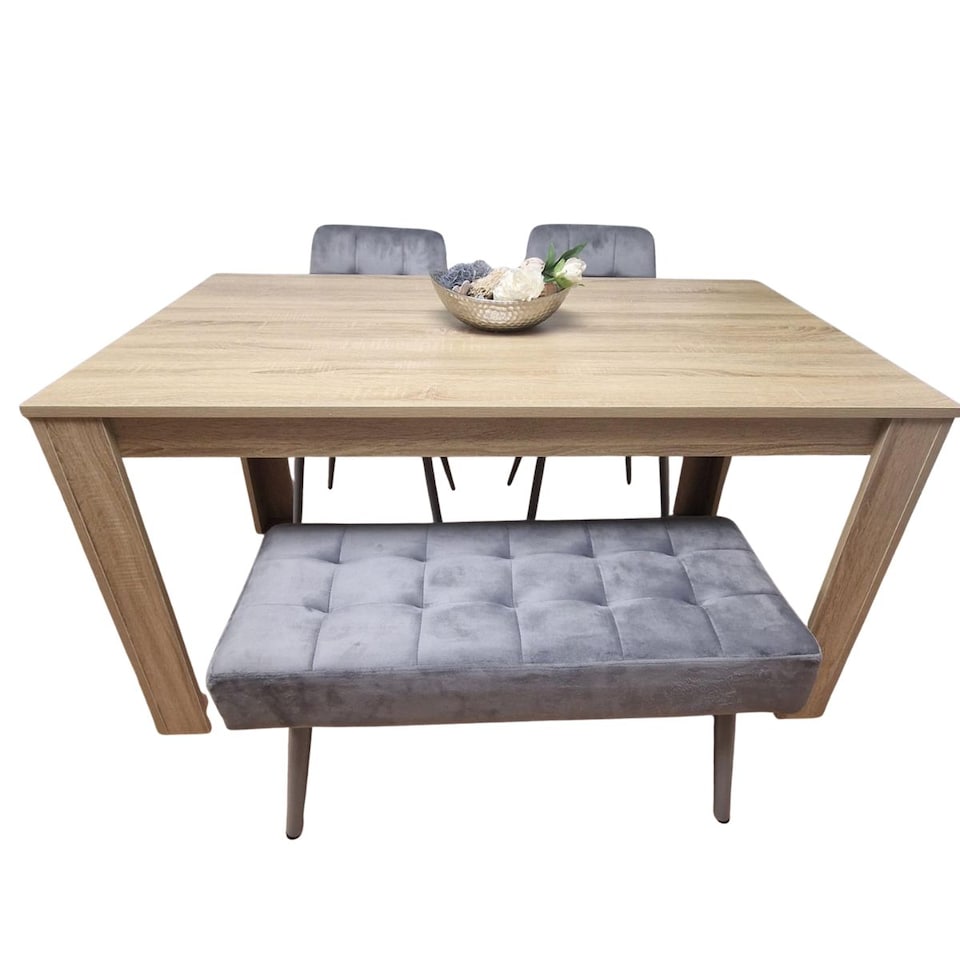 image 1 of Dining Table and 2 Chairs With Bench Oak Effect Wood Table 2 Grey Velvet Chairs Dining Room