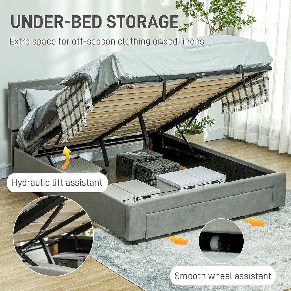 image 1 of HOMCOM King Size Bed Frame with Storage and Adjustable Velvet Headboard