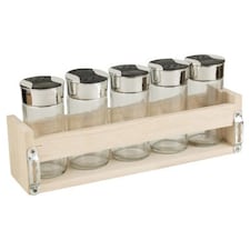 6-Pc Spice Herb Glass Jars with Wooden Wall Rack