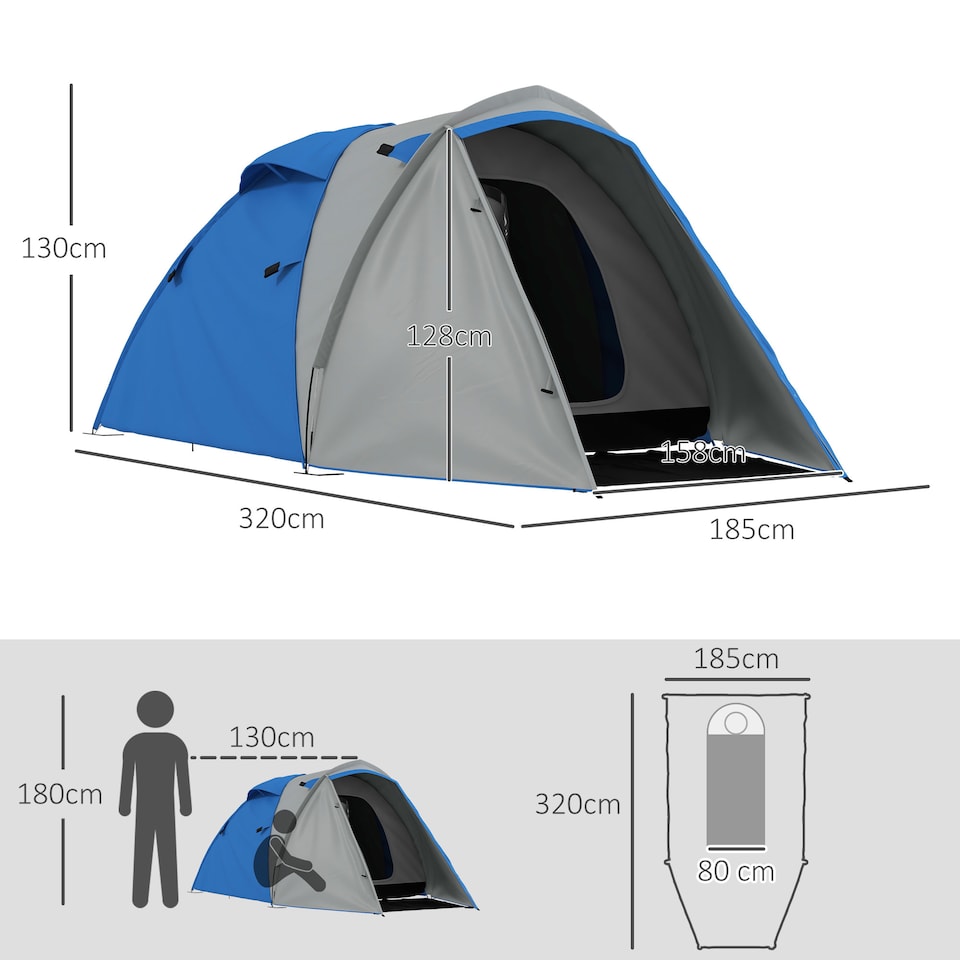 image 1 of Outsunny 2 Man Camping Tent with Living Area, 2000mm Waterproof, Blue