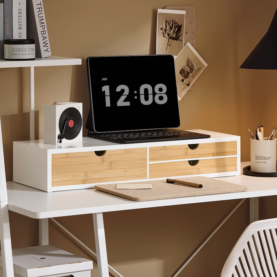 image 1 of SoBuy Monitor Stand with 3 Bamboo Drawers, White, 23.6x8.7x4.3 inches, 4.65 kg - BBF11-WN