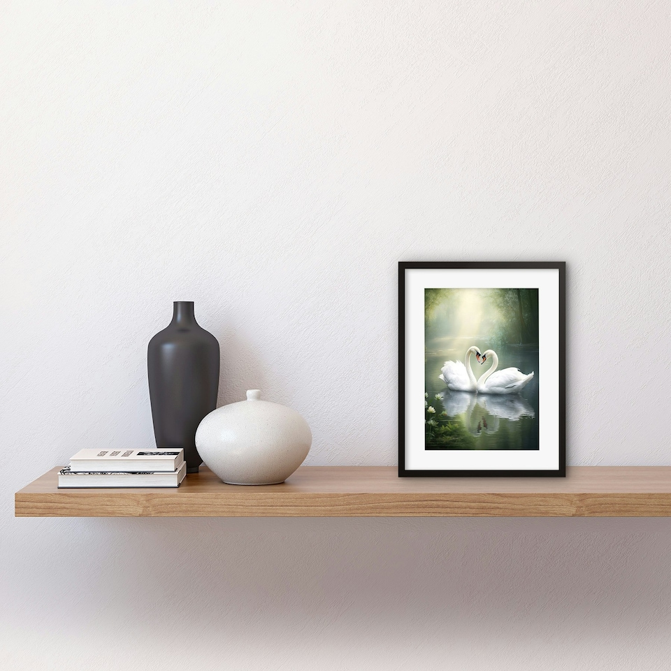 image 1 of Elegant Love Heart Swans Love Romance 9x7" Black Framed Wall Art Print