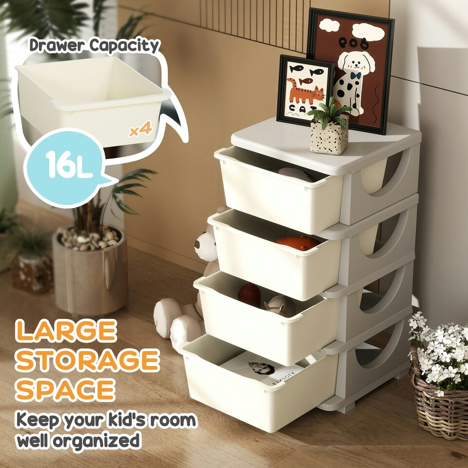 image 1 of HOMCOM Kids Storage Units with Drawers 3 Tier Chest Dresser Tower Cream | 37 x 37 x 76 cm