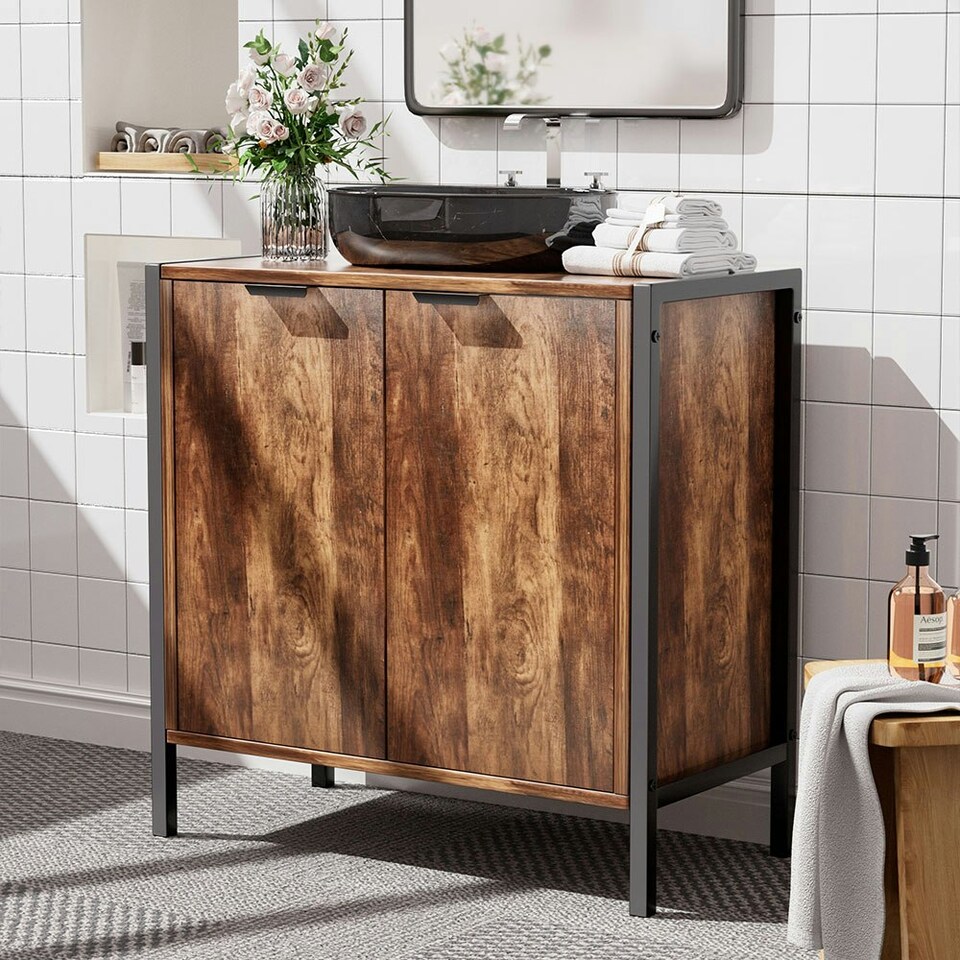 image 1 of Living and Home Double Door U-Shaped Under Sink Cabinet - Walnut Brown 60x30x60cm Brown