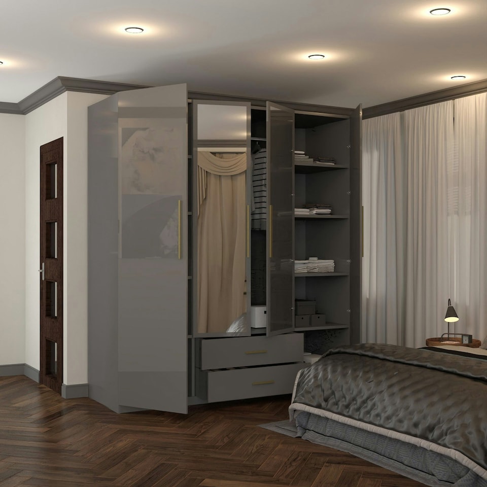 image 1 of Modern 4-Door High Gloss Wardrobe with Soft-Close Mirrors, Gold Accent Handles, Drawers & Shelves – 160cm Wide Grey | Grey 160cm