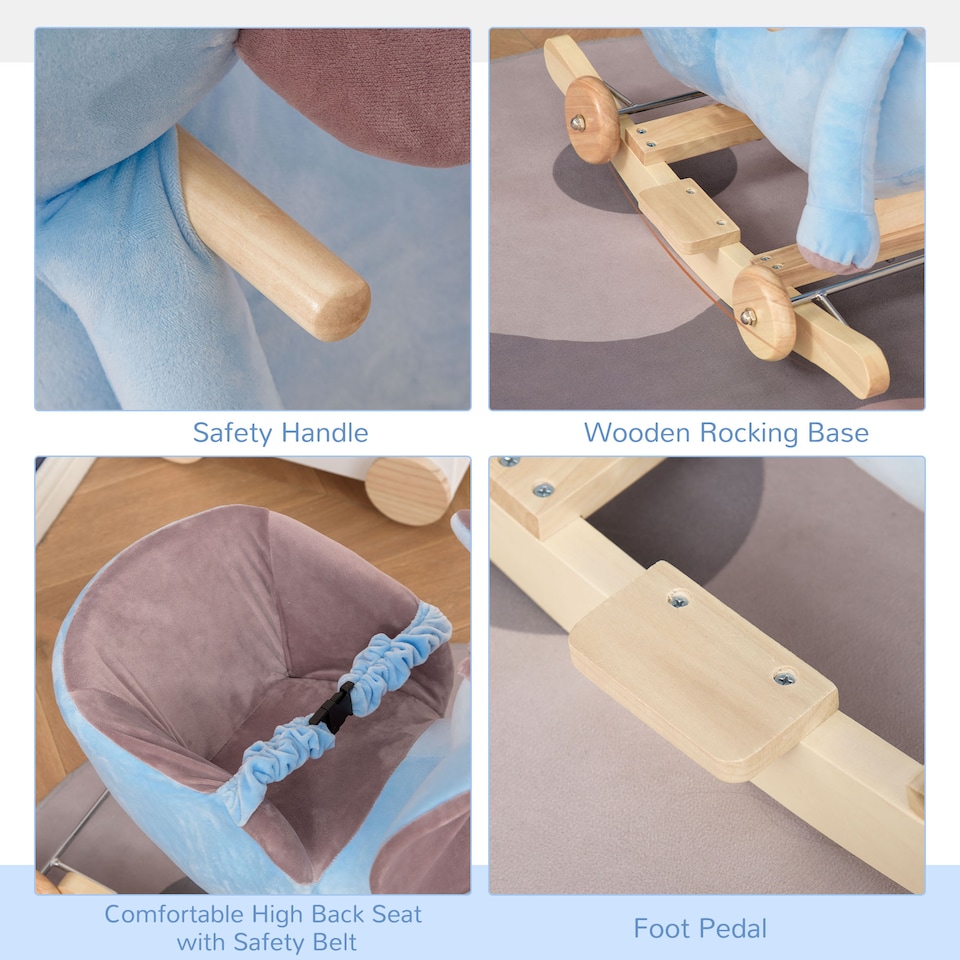 image 1 of HOMCOM 2 In 1 Plush Baby Ride on Rocking Horse Elephant Rocker with Wheels Wooden Toy for Kids 32 Songs for 18 Plus Months (Blue)