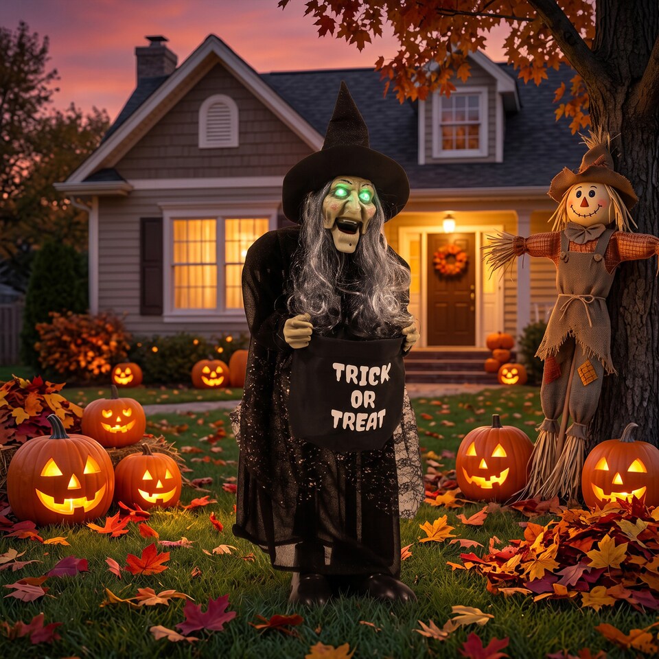image 1 of HOMCOM 37" Animated Witch Halloween Decoration with Light Up Eyes for Party