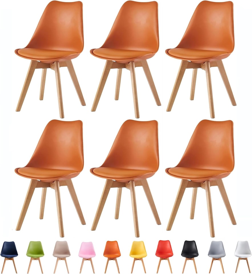 image 1 of Set of 6 Dining Chairs with Solid Wooden Legs and Seat Cushion Pads in Orange - Eva by MCC