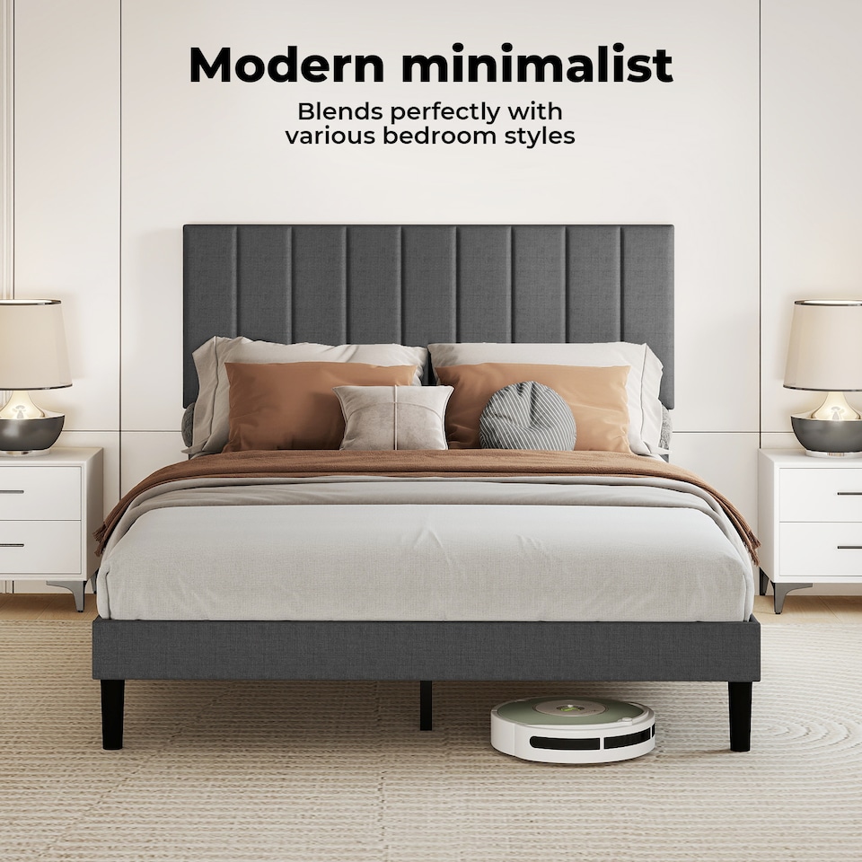 image 1 of Levede King Bed Frame Linen Fabric Upholstered Soft Foam Headboard Wooden Slat | Grey | King | King