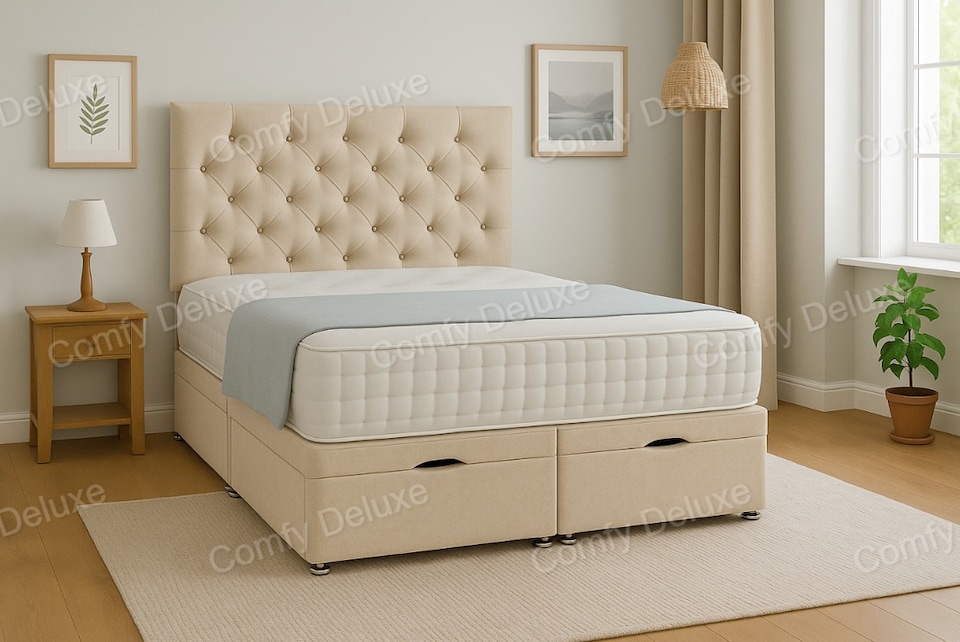 image 1 of Ottoman Foot Lift Cream Naples 5ft Kingsize Divan Bed With Mattress & Headboard