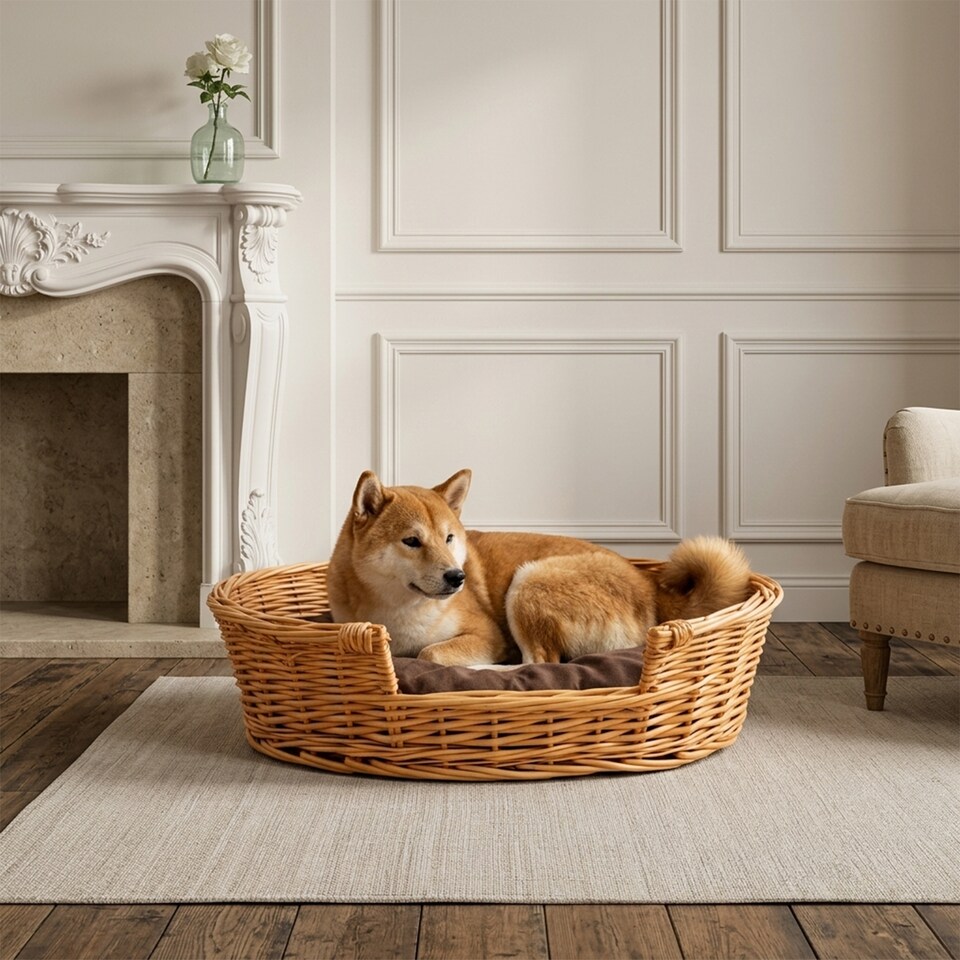 image 1 of Honey Color Wicker Dog Pet Bed with Washable Cushions (Large)