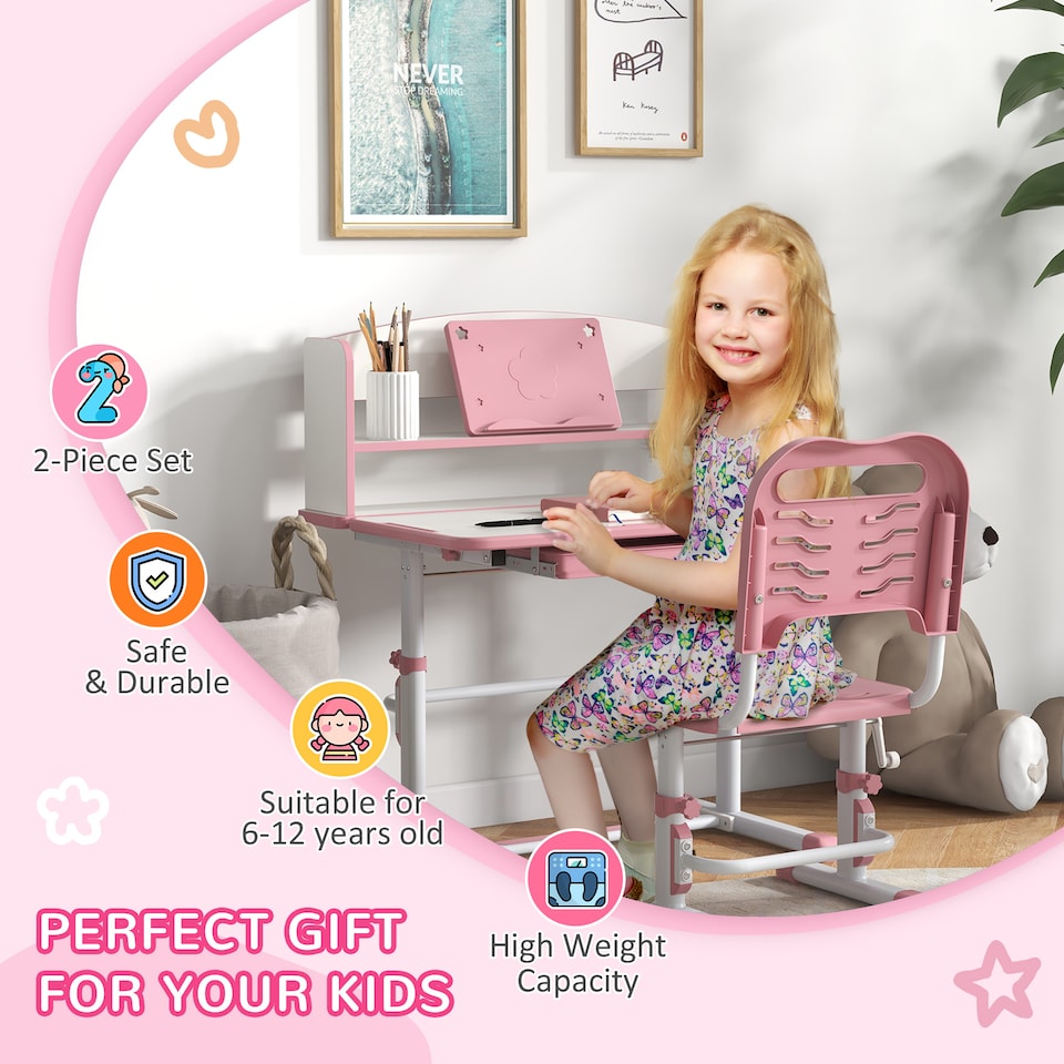 image 1 of ZONEKIZ Kids Desk and Chair Set, Height Adjustable Study Table for 6-12 Years | Pink