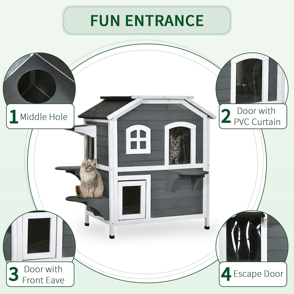 image 1 of PawHut Wooden Cat House Cat Cave Pet Shelter Condos Outdoor Grey