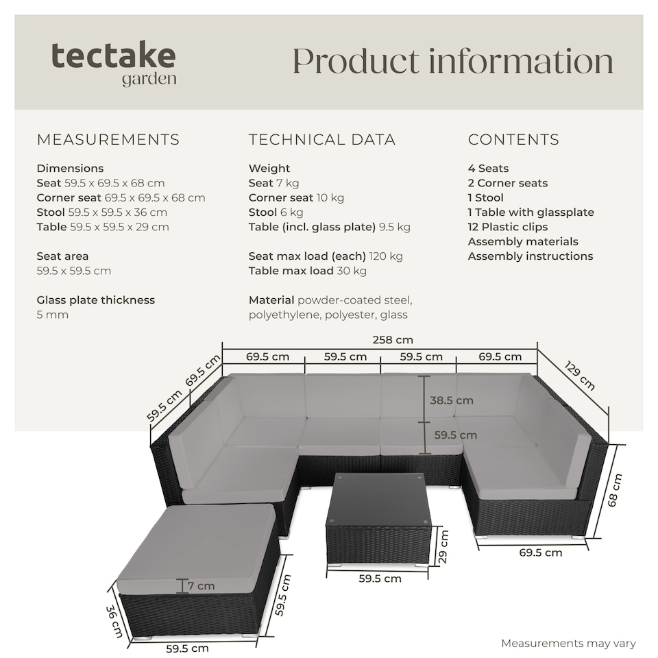image 1 of Garden Furniture Venice - set for 6 to 7 people, outdoor sofas, table and stool | Black | black/grey | 59,50 x 68 x 69,50 cm | 1