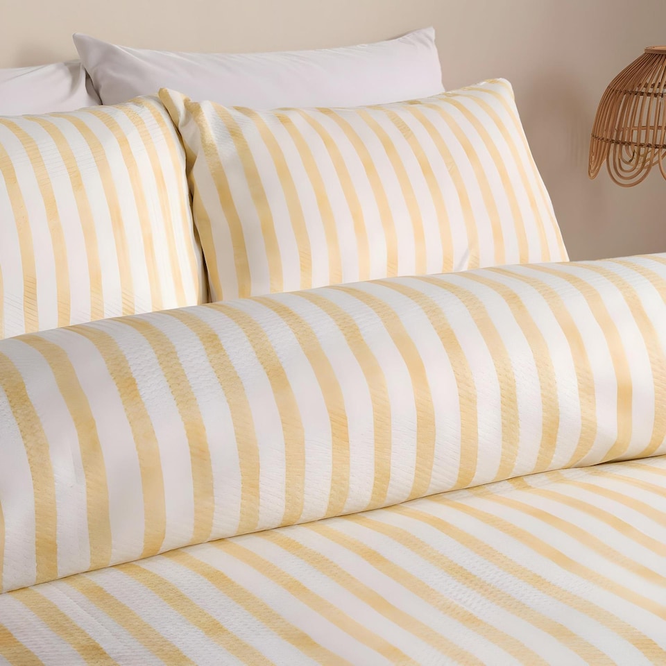 image 1 of OHS Watercolour Stripe Embossed Bedding Set Duvet Cover with Pillowcase | Yellow | Lemon | Double